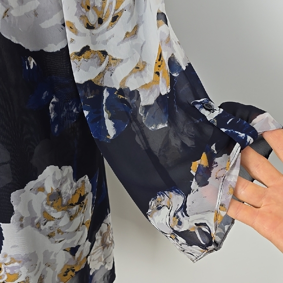 LAURA Women's Semi Sheer Blouse Top Blue Large White Floral Print Flowy Size XL - Picture 3 of 15
